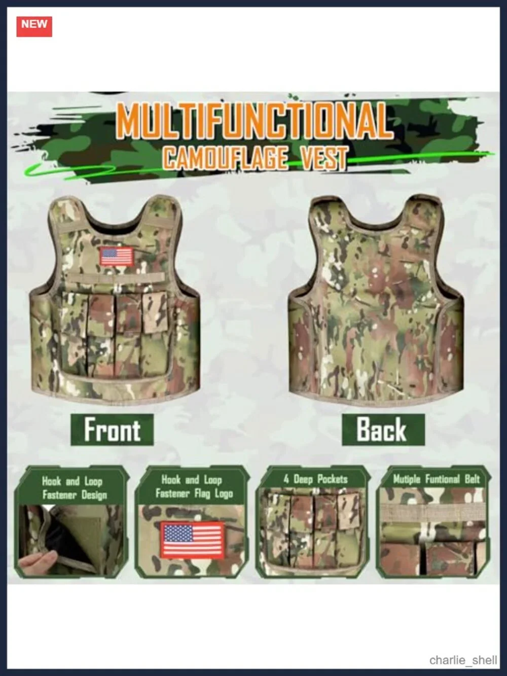 Kids Army Soldier Costume Set 5-Piece Camo Vest Jacket Pants Hat Belt Toy Props